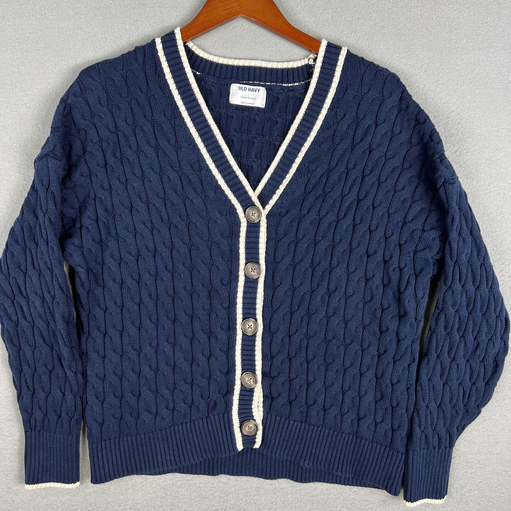 Cable Knit Cardigan Sweater Womans L Blue White Trim‎ Preppy Cottagecore Cotton